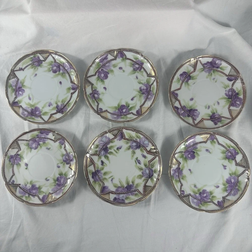 Antique‎ Nippon Hand Painted Teacup Saucer Duo Purple Rose Moriage 1911 Morimura